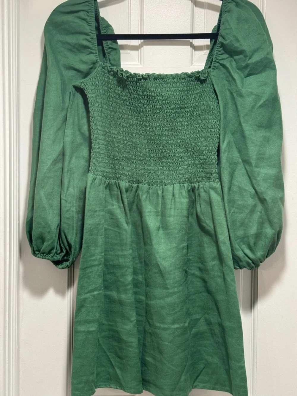 Reformation Greyson Green Smocked Square-Neck Linen Mini Dress with Puff Sleeves - Picture 7 of 7